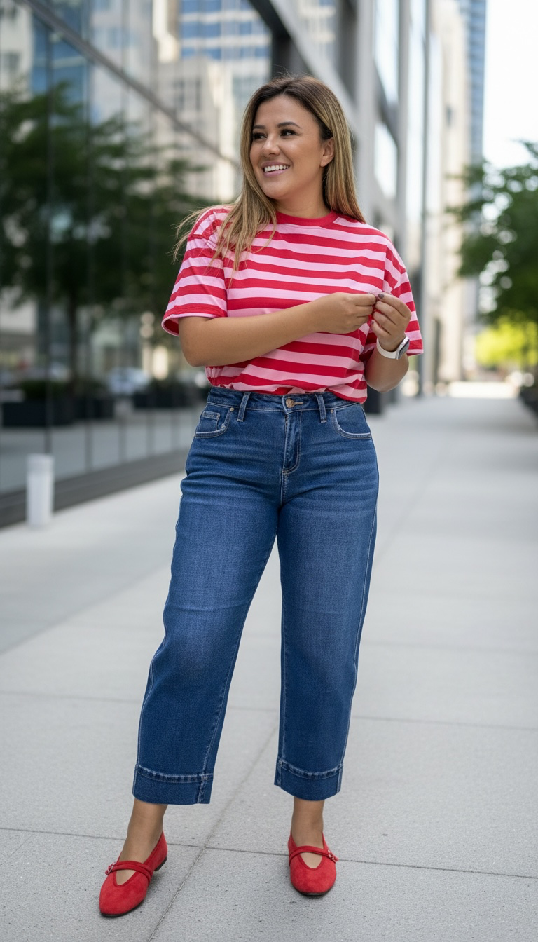 Blusa Estampada a Rayas Rosa con Rojo